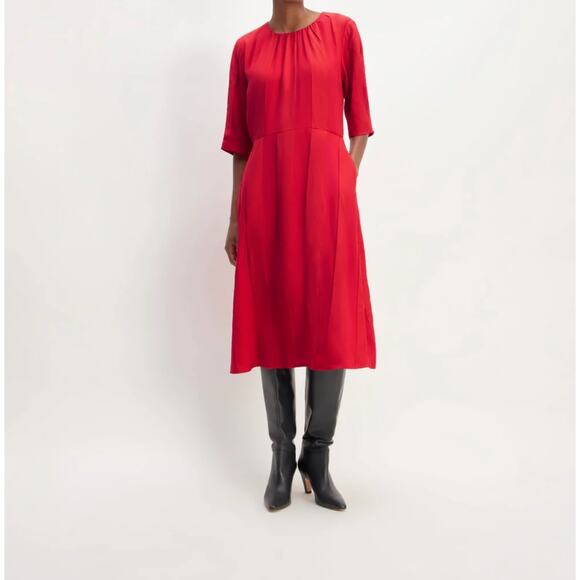 Everlane City Stripe Ruched Midi Dress — Haute Red, Size 12 EUC - Picture 1 of 11